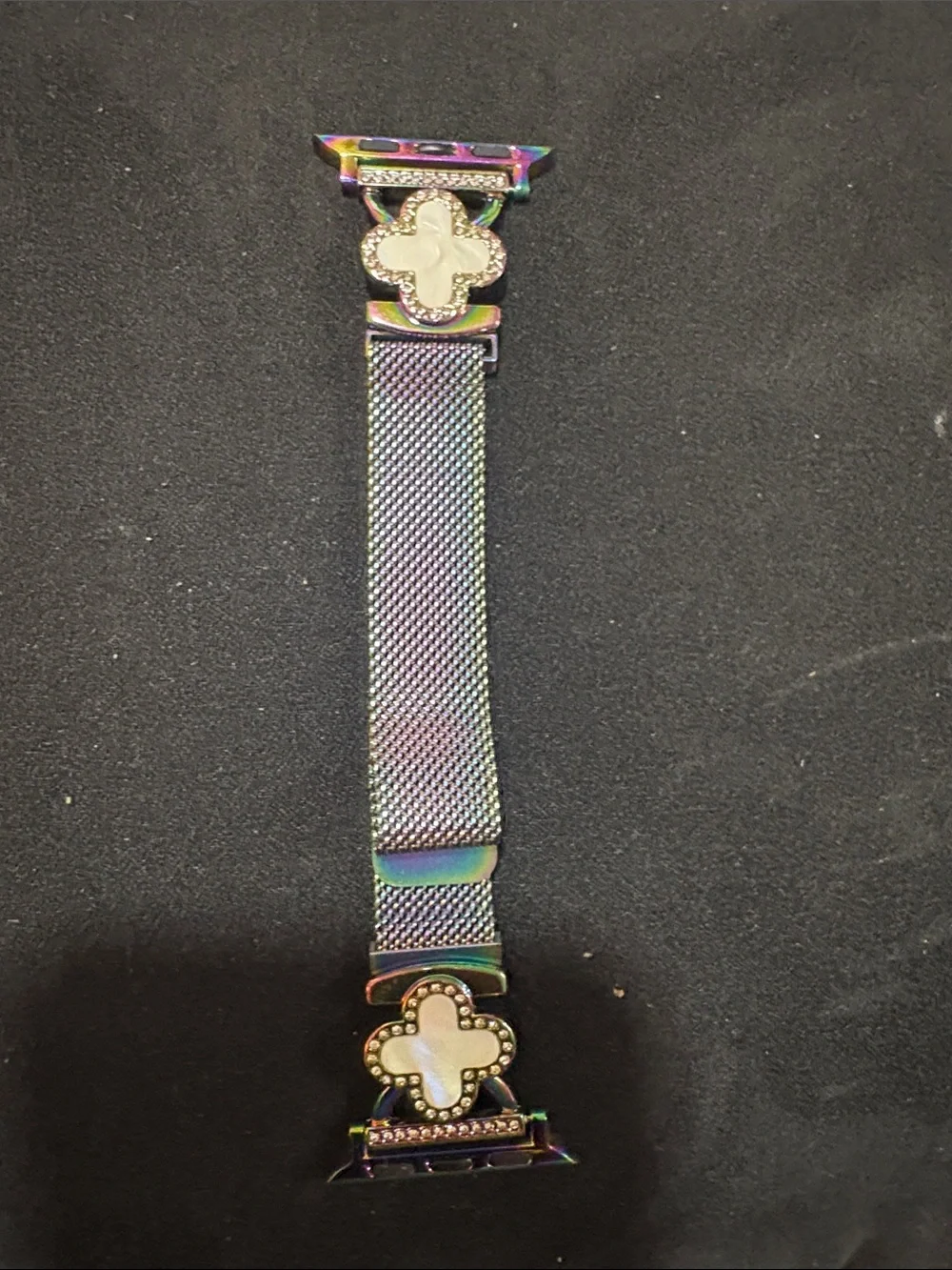 Iridescent Metal Mesh Watch Band with Clover Accents